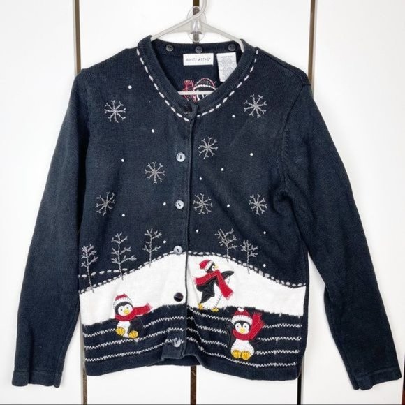 White Stag Sweaters - White Stag Black Holiday Embroidered Penguin Button Up Cardigan Size Medium